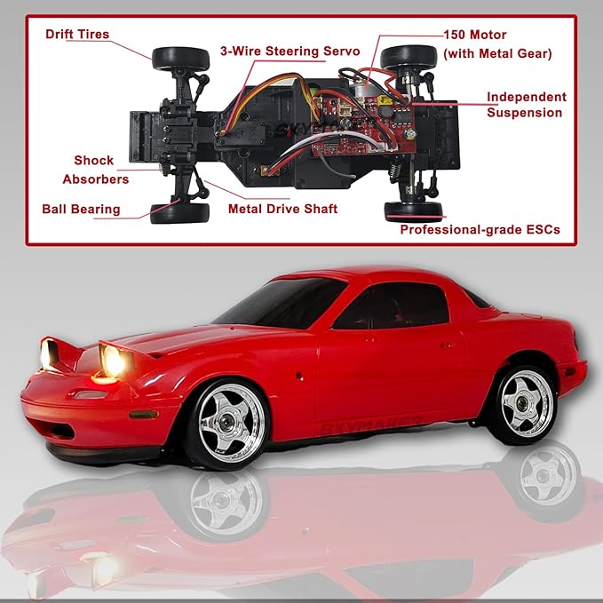 Skymaker LD1804 RC Drift Car 1/18 Scale Mazda Miata MX-5 Red Remote Control Drift Car with Gyro Red Hobby RC Car for Adult 2.4 GHz RWD Drifting
