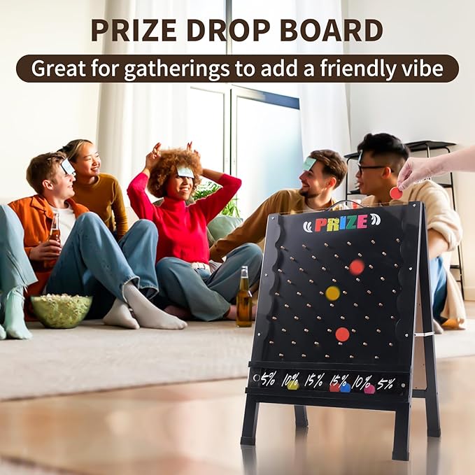 Prize Drop Game Board 21x30 Double-Sided Foldable Design with Wooden A-Frame Chalkboard Sign for Family Carnival Trade Show &amp Party - Includes 10 Coin Drop Discs and Chalk Set Portable Desig