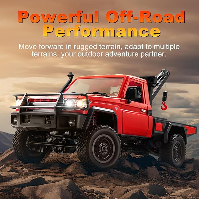 RC Crawler 1:12 Scale New Upgrade MN82-T RC Truck Crane 4WD LC79 Off Road Remote Control Pickup with Lights All Terrain Wrecker Vehicle for Teens Adults (Red)