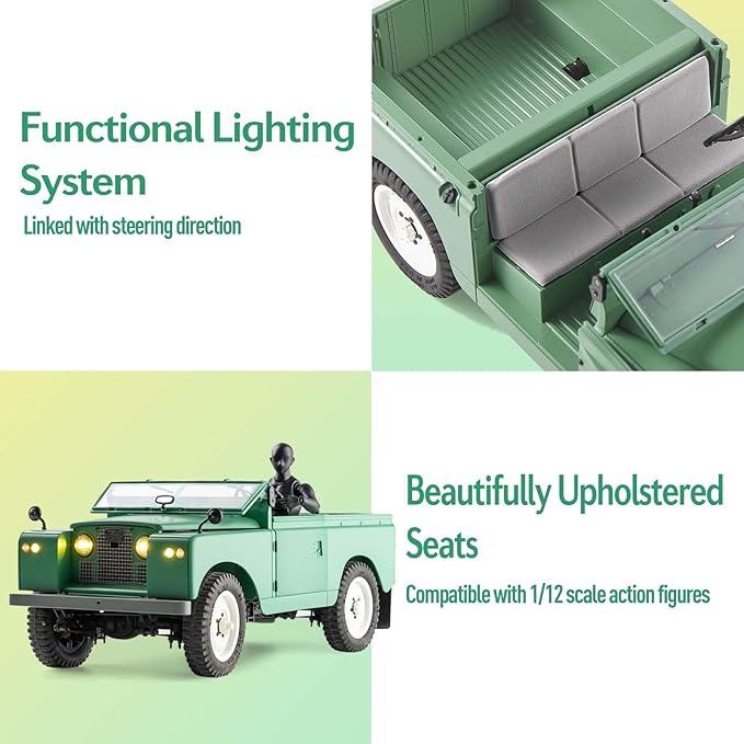 WOWRC FMS 1/12 Land Rover Series II RC CarRC Crawler Pickups &amp Vans &amp Convertibles 3 in 1 with 2 Speed Transmission4-Wheel DriveLED LightsRC Model for AdultsGreen