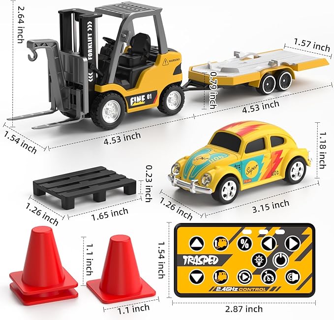 Mini RC Truck 1:64 Scale RC Forklift Toy Electric Vehicle with 2.4Ghz Remote Control 2 in 1 RC Cars Lift Fork &amp Hook with Lights &amp Sounds for 3 4 5 6 Year Old Boys Kids and Girls Birthday G