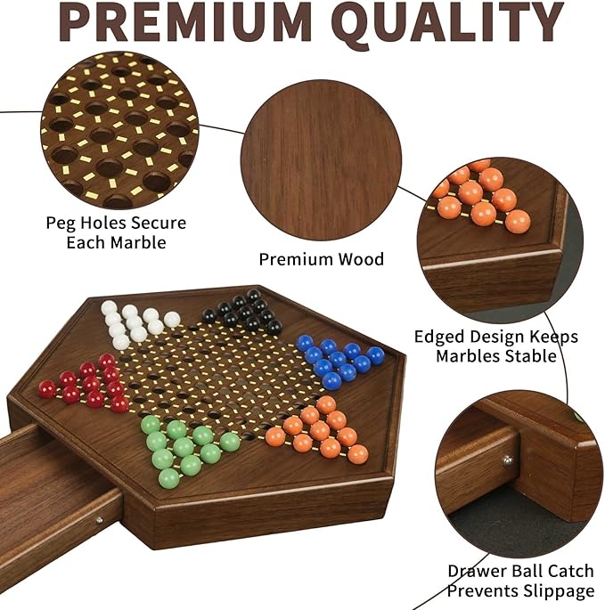 Chinese Checkers Board Game - 15” Large Wooden Checkers Game with Storage Drawer 16mm Glass Marbles (60 + 12 Extras) Classic Family Strategy Game for 2-6 Players