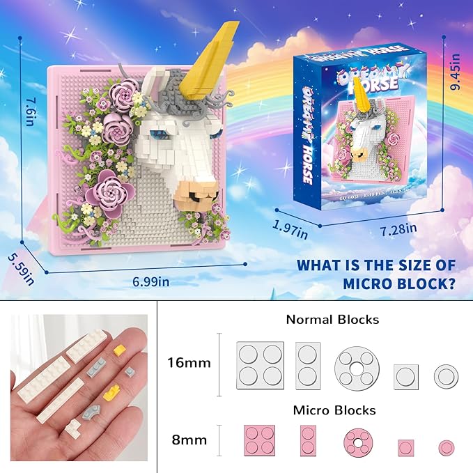 Pink Flowers Unicorn Animal 3D Wall Art Micro Mini Building Blocks Set Unique Home Wall Decor or Table Display No Compatible with Lego Ideal Gift Toy for Adults &amp Boys Girls 14+ (1349 PCS)