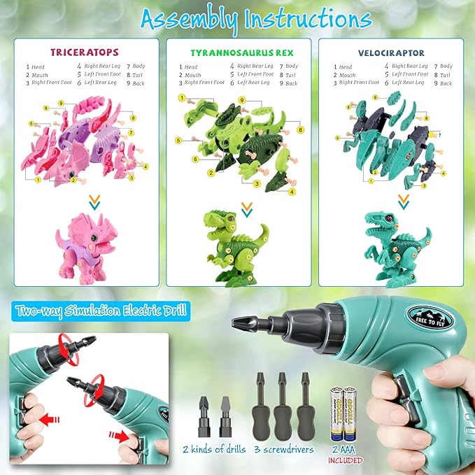 FREE TO FLY Dinosaur Toys for 3 4 5 6 Years Old Girls Take Apart Dinosaur Learning Toys for Kids 3-5 5-7 STEM Building Construction Set with Electric Drill Birthday Ideas