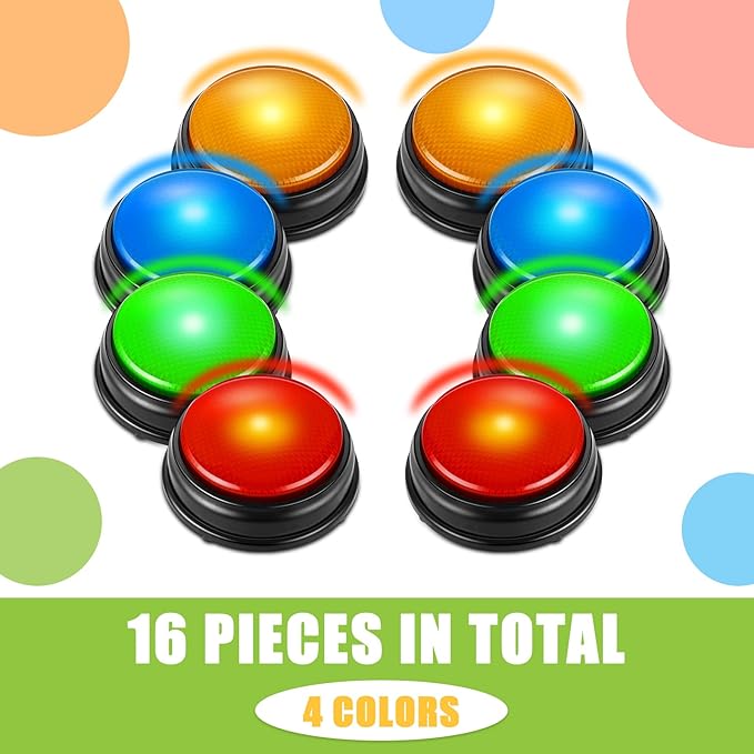 Deekin 16 Pcs Game Buzzers Bulk Assorted Colored Answer Button with Sound and Light Family Feud Buzzer for Classroom Teacher Supplies Back to School Team Game Show and Trivia Nights