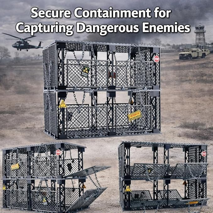 Closed Cage Building Blocks Set - Military Prison Battle Scene Building BlockCompatible with Lego World T-RexIncludes 10 Soldier Figures with Weapons