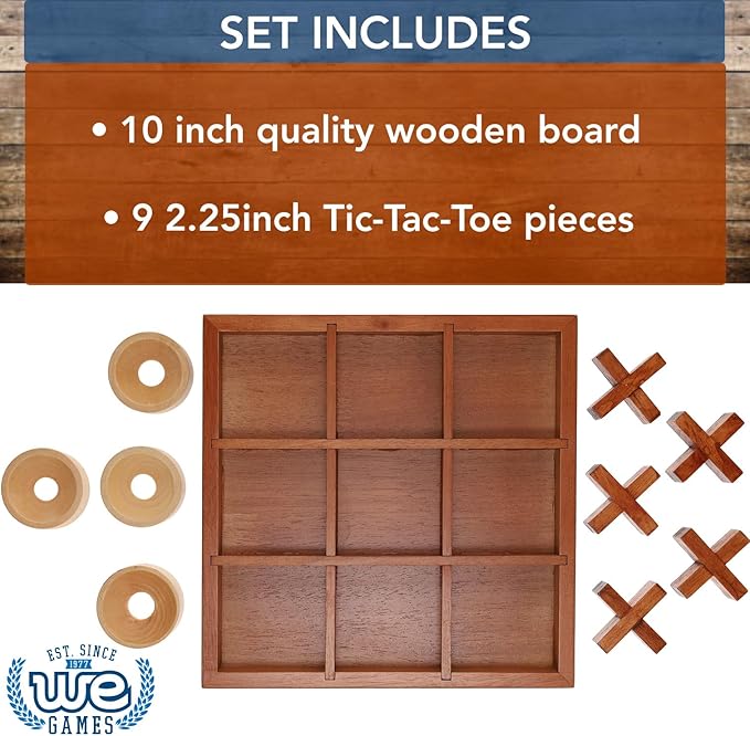 Wooden Tic Tac Toe Game – 9 Inch Solid Wood Board with X and O Pieces Decorative Coffee Table Game Classic Home Décor Accent