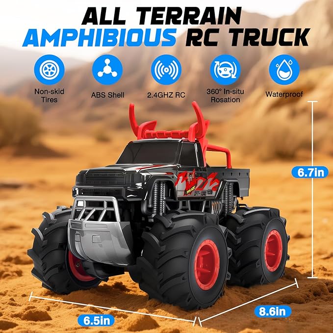1:16 Waterproof Monster Truck Toys RC Cars 2.4GHz Remote Control Truck for Kids Boy Ages 89101112 Years Old 4WD All Terrain Off-Road with LED Lights RC Boat for Boy Girl Birthday Gift - Red