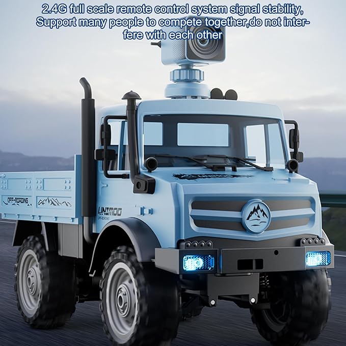 RC Military Truck 1:16 Scale Remote Control Car with Camera All Terrain Rock Crawler Off-Road Truck 2.4GHz Army Transport Vehicle with Rechargeable Battery for Adults Blue
