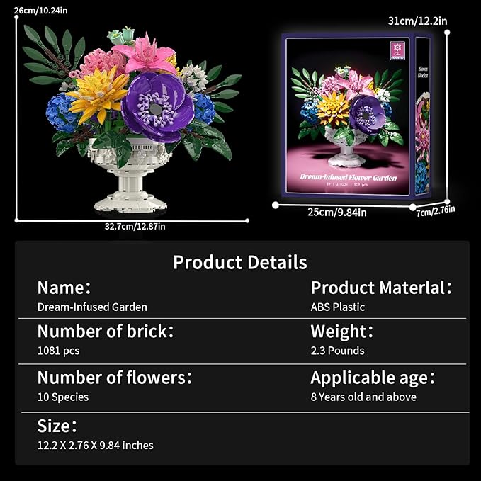 Botanicals Flower Bouquet Building Set - Includes Hydrangeas Snapdragons Peonies &amp More Artificial Flower Arrangement Toy with Vase Mother‘s Day Gift for Girls (1081PCS)