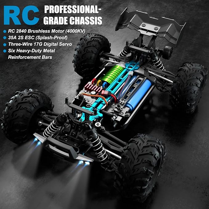 1:16 Scale Brushless RC Car - 50+ MPH High Speed All Terrain Off-Road Monster Truck for Adults &amp Teens 14+ | 2.4GHz 2X LiPo Batteries RTR | Hobby Grade Remote Control Vehicle