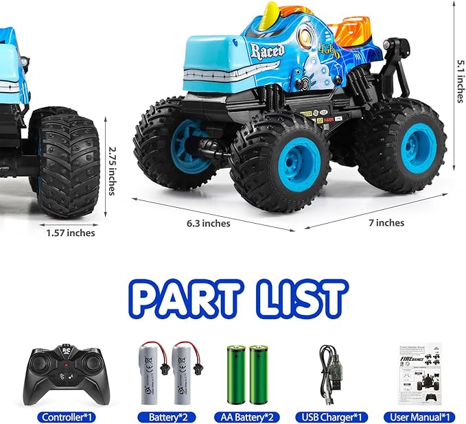 DYODYORC Remote Control Car 2.4Ghz All Terrain Monster Truck RC Truck with Music 3 Lighting Effects 360 Stunt Capable 2 Batteries Ready to Run Toy Gifts for Boys and Girls (Blue)