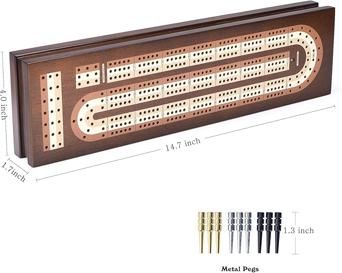 AMEROUS Wooden Cribbage Board Game Set with Magnetic Lock - Metal Pegs - 2 Playing Cards - Continuous 3 Track Board - Larger Storage Area Travel Portable Cribbage Game Sets for Family