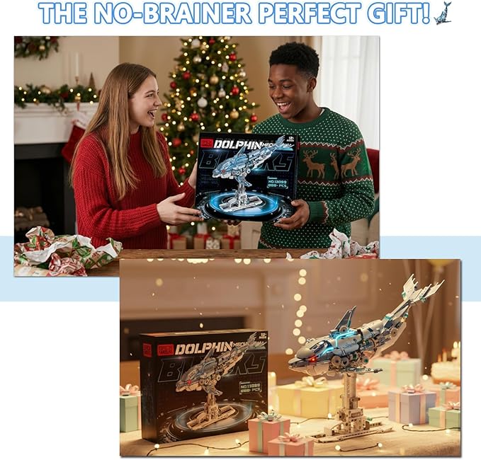 888-PCS Mechanical Blue Dolphin Building Set with LED Light Movable Linkage Gears Display Stand - Ocean Building Block Toy for Adults Teens Kids Age 12+