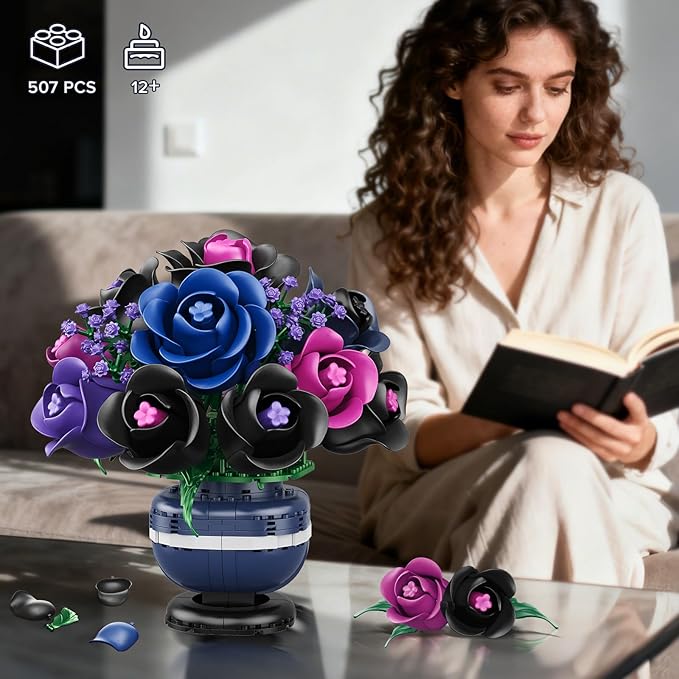 Flowers Botanicals Building Set - Artificial Purple Black Rose Bonsai Plant for Home Decor 507PCS Artificial Flowers Building Set Indoor Gothic Decoration Easter Birthday Gifts for Adults