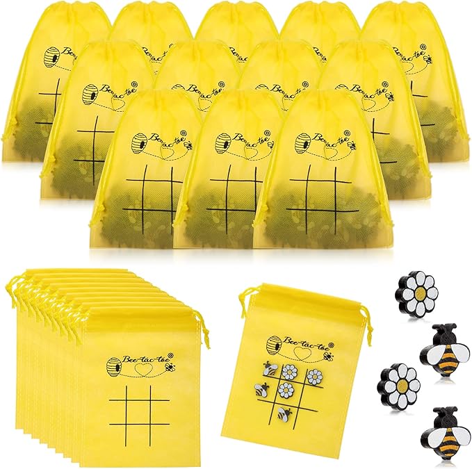 Sumind 36 Sets Bee Tic Tac Toe Game Bee Party Favors for Kid Mini Flowers Honeybee Drawstring Gift Bags for Boys Girls Back to School Birthday Baby Shower Classroom Party Supplies