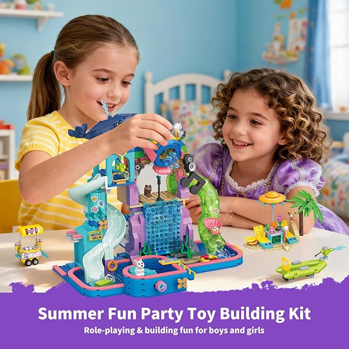 1150Pcs Friends Water Park Building Set STEM Summer Fun Party Toy with Swimming Pool SlidesWater CanonsDiving PlatformAnimal Pretend Play Kit for kids Birthday Gifts for Girls Ages 6-12+