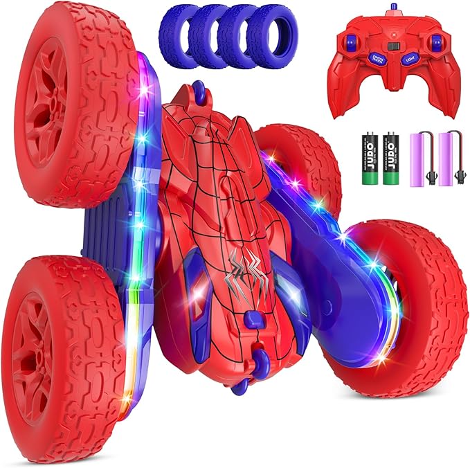 Spider RC Cars Toys for Boys 4-6 2.4GHz Remote Control Car with 26 LED Light System 360° Flips Changeable Wheels Rechargeable All-Terrain Truck Gift for Kids Ages 4-8