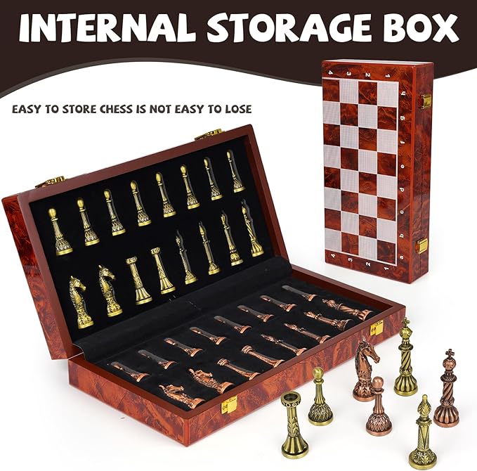 Vintage Metal Chess Set for Adults &amp Kids – Folding Marbling Chess Board with Storage – Elegant Travel Chess Set with Weighted Metal Pieces – Classic Board Game Gift &amp Home Décor