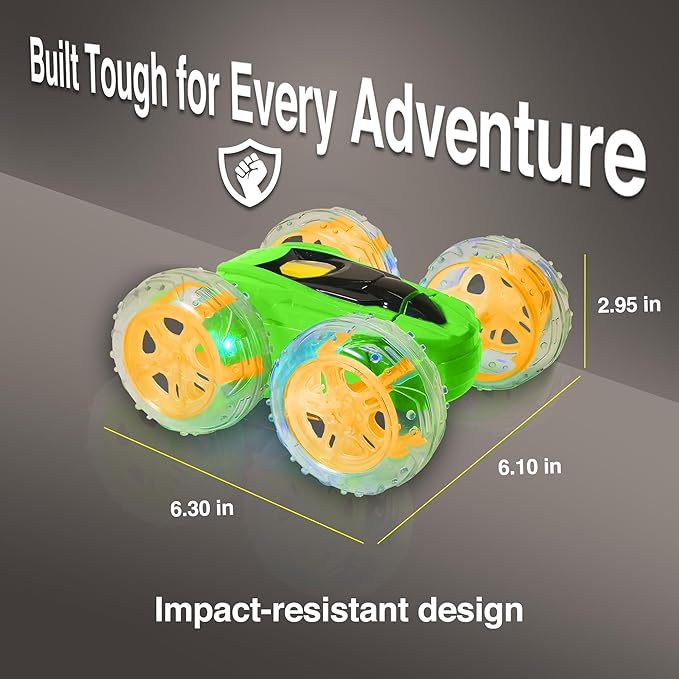 Contixo SC3A Toy Remote Control Car for Kids with Double-Sided 360° Rotating Stunt 4WD Off-Road RC Cars with LED Lights Birthday for Boys and Girls Ages 4 5 6 7 - Green