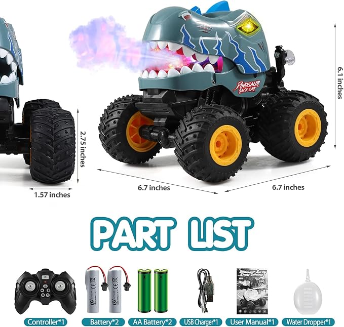 DYODYORC Remote Control Car 2.4Ghz All Terrain Dinosaur Monster Truck Toys RC Truck with Spay Music 360 Stunt Capable All Included Ready to Run Toy Gifts for Boys and Girls (Gray)