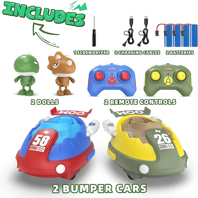 2 Pack Remote Control Car RC Bumper Cars Toys for Toddlers with LED Light and Music Dinosaur Figures Bump and Eject Toys RC Race Cars for Kids Boys Girls Gift