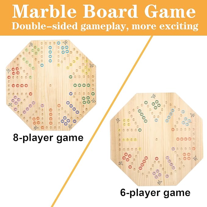 HOROW Wahoo Board Game Wooden Original Board Game Classic 2 Side Painted Fast Track Game for 6 Player and 8 Player with 32 Marbles8 Dices for Family Game Night(8-PlayerLog)