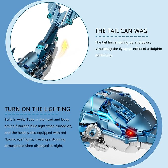 888-PCS Mechanical Blue Dolphin Building Set with LED Light Movable Linkage Gears Display Stand - Ocean Building Block Toy for Adults Teens Kids Age 12+