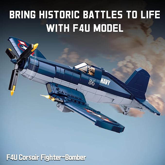 WW2 F4U Fighter Bomber Building Bricks - 550 Pcs Army Set with 1 Soldier - Engaging WWII Toys for Kids &amp Adults