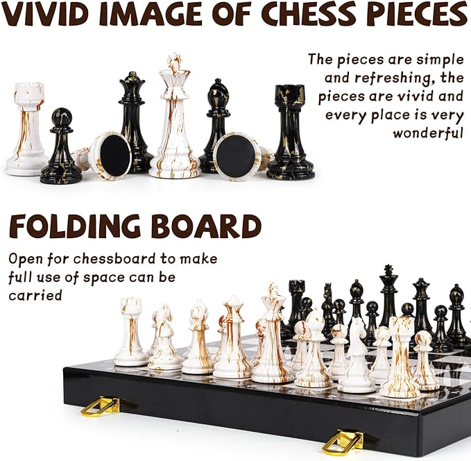 15 Large Chess Set for Adults with Weighted Acrylic Chess Pieces 3.5 King &amp Portable Folding Marbling Wooden Chess Board Travel Chess Sets Family Board Game Gift – Elegant Classic Chess Game