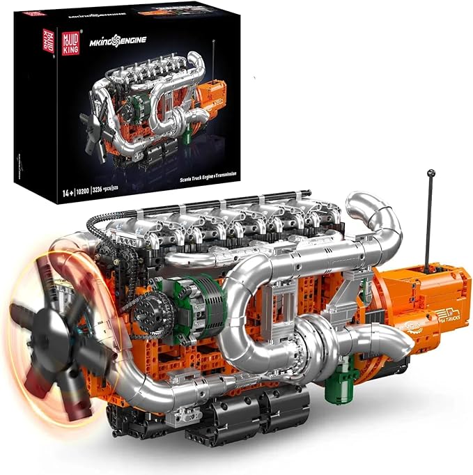 Mould King 10200 V8 Engine Model Kit for Truck MOC Engine Model Kit with Transmisslon Engineering Model Building Kit with Battery 3236 PCS