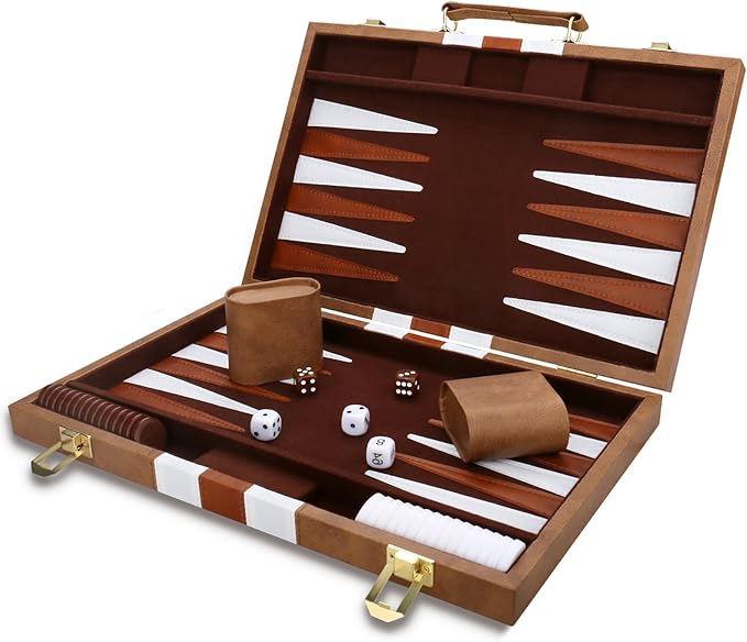Backgammon Set - Classic Board Game with Premium Leather Case - Portable Travel Strategy Backgammon Game Set for Adults Kids (15inch Khaki)