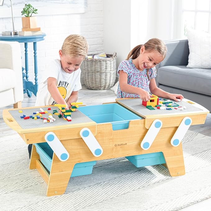 KidKraft Building Bricks Play N Store Wooden Table Children's Toy Storage with Bins 200+ Building Blocks Included Natural Gift for Ages 3+