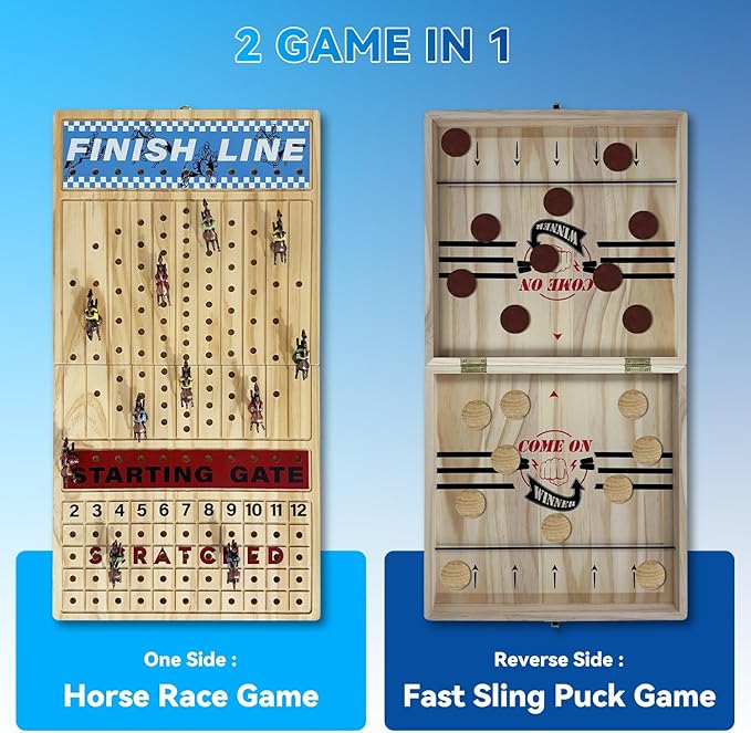 Large 23 inches Horse Racing Board Game with 11 Luxury Metal Numbered Horses Foldable Wood Horse Race Board Game with 2 Sets of Dice 2 Boxes of Cards 80pc Poker Chips for Parties and Gambling
