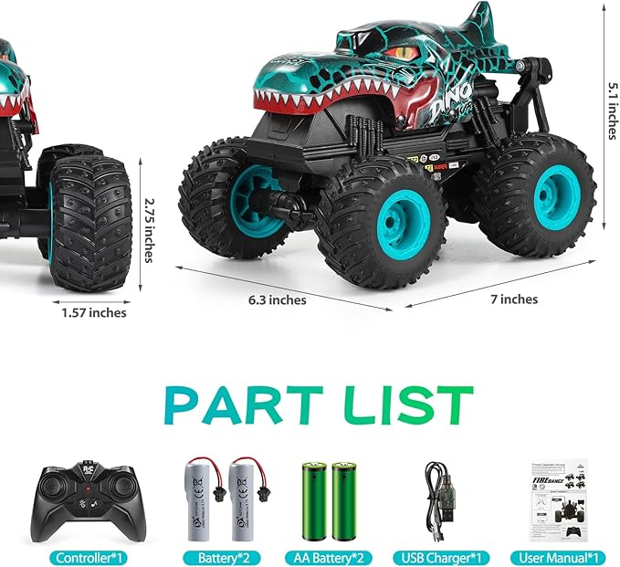 DYODYORC Remote Control Car 2.4Ghz All Terrain Dinosaur Monster Truck Toys RC Truck with Music 3 Lighting Effects 360 Stunt Capable 2 Batteries Ready to Run Toy Gifts for Boys and Girls (Cyan)