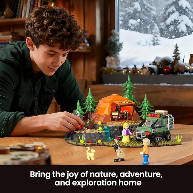 Mountain Camping Building Blocks Set - 677PCS Outdoor Adventure Scene Construction Toy with Tent Camping Car &amp Campfire Desktop Decoration for Kids &amp Adults Creative Gift for Camping Lovers