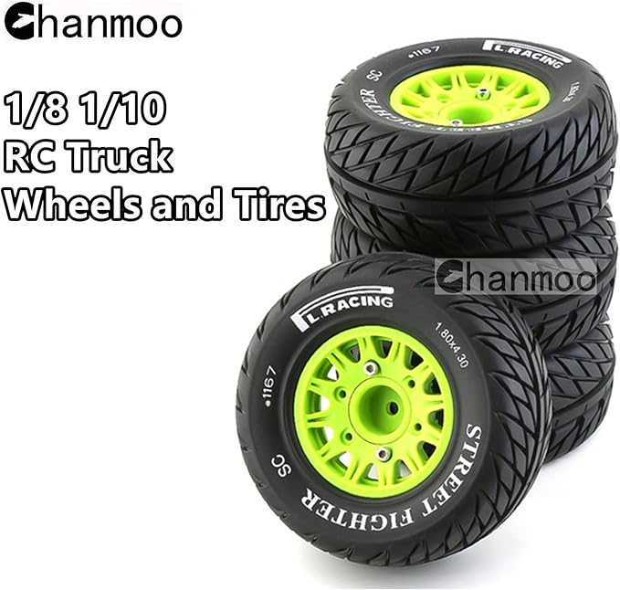 1/10 RC Short Course Truck Tires And Wheels With 12mm 14mm 17mm Hex 113mm 1/8 Rubber Tyres For 1/8 or 1/10 Scale On Road Car HSP Sonic 94102 GT PTG-2 Tamiya TT02 RC Racing Car 4PCS (Green B)