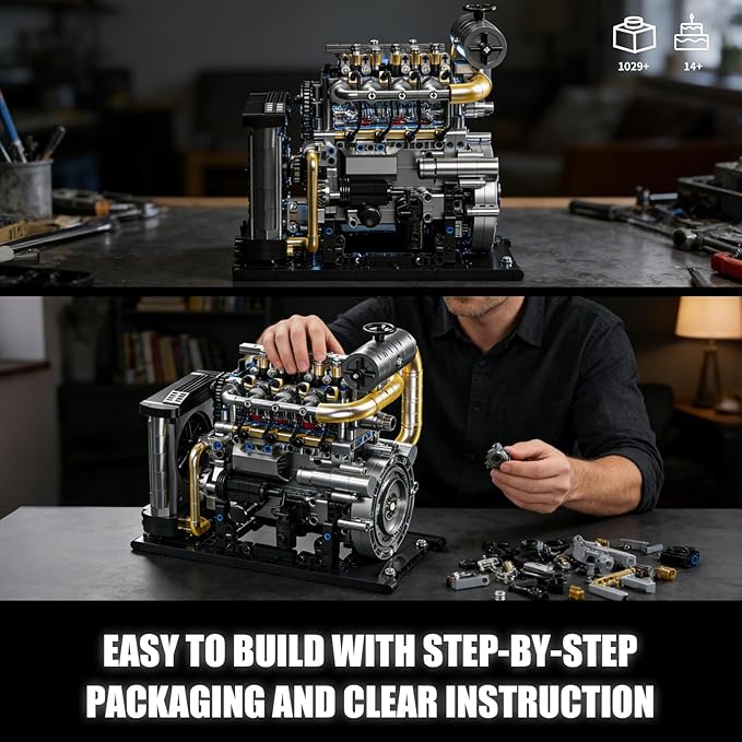 Diesel Engine Model Kit That Runs for Adults MOC Mini Inline 4-Cylinder Diesel Engine Building Set with Motor Compatible with Lego Mechanical Engineering STEM Toy for Teens (1029 PCS)