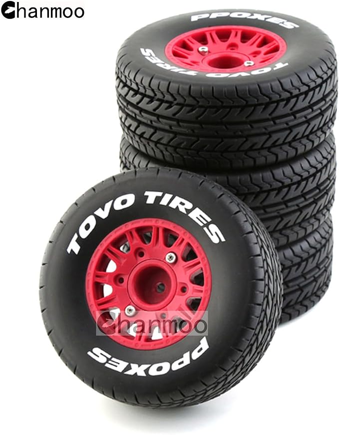 1/10 RC Short Course Truck Tires And Wheels With 12mm 14mm 17mm Hex 113mm 1/8 Rubber Tyres For 1/8 or 1/10 Scale On Road Car HSP Sonic 94102 GT PTG-2 Tamiya TT02 RC Racing Car 4PCS (Red A)
