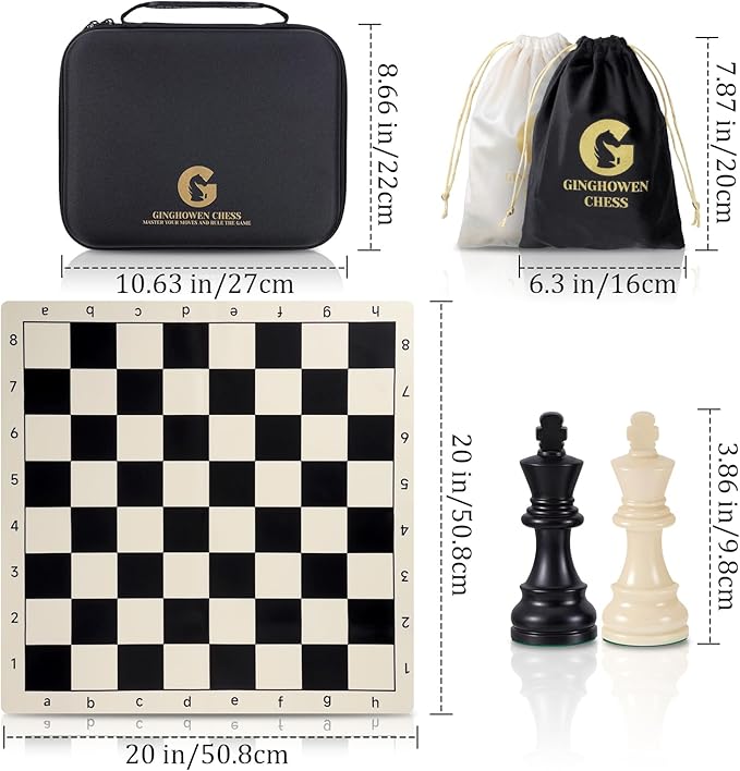 Chess Set - 20 Silicone Chess Board Set 3.86 King Height Weighted Pieces with 2 Extra Queens Foldable Chessboard Portable Travel Tournament Chess with Carrying Storage Bag
