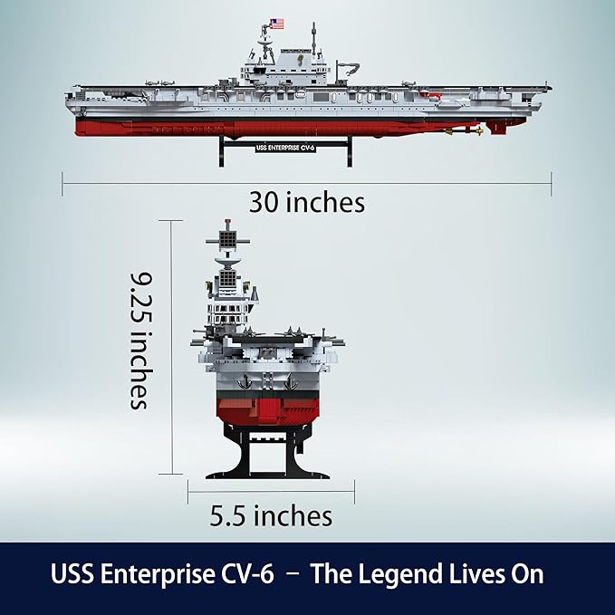 USS Enterprise Aircraft Battleship Building Toys Set (1883Pcs) WW2 Navy Ship Model with Molded Airplanes and Display Stand 30 Long Military Building Block Toy for Teens and Adults