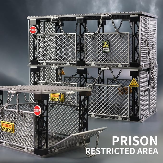 Closed Cage Building Blocks Set - Military Prison Battle Scene Building BlockCompatible with Lego World T-RexIncludes 10 Soldier Figures with Weapons
