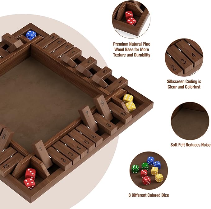 Shut The Box Game Wooden 1 2 3 4 Players Shut The Box Board Games with 8 Dice Math Addition and Pub Close The Box Game Wodden for Kids &amp Adults 12 Inch