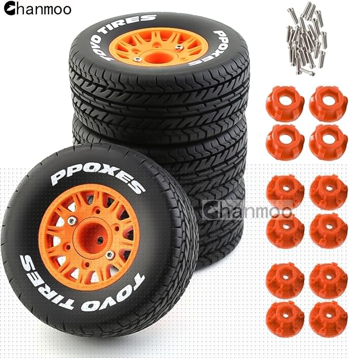 1/10 RC Short Course Truck Tires And Wheels With 12mm 14mm 17mm Hex 113mm 1/8 Rubber Tyres For 1/8 or 1/10 Scale On Road Car HSP Sonic 94102 GT PTG-2 Tamiya TT02 RC Racing Car 4PCS (Orange A)