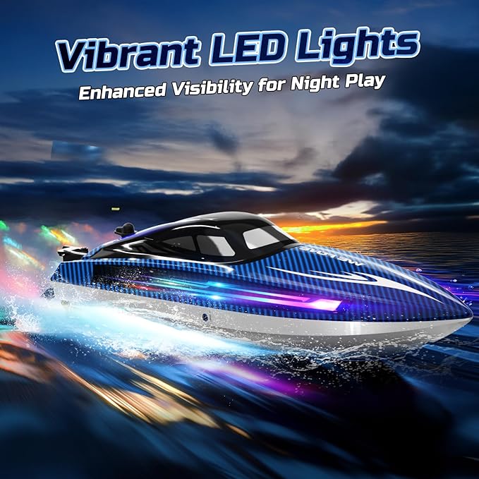 RC Boats for Adults Remote Control Boat for Pools and Lakes WF17 25+ KMH Fast RC Speed Boat with 7 LED Light Modes for Kids 8-12 Summer Toys for Boys Girls 2 Batteries for 30-40 Mins Blue