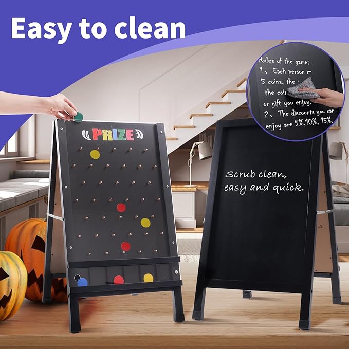Prize Drop Game Board 15.7X27.5 Double-Sided Foldable Design with Wooden A-Frame Chalkboard Sign for Family Carnival Trade Show &amp Party-Includes 10 Coin Drop Discs and Chalk Set Portable Des