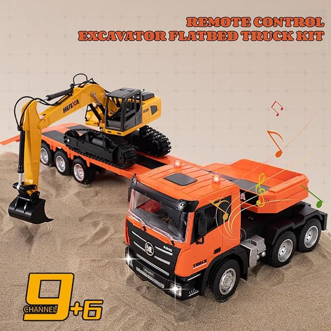 RC Semi Truck &amp RC Excavator Set 1:24 Scale Remote Control Flatbed Truck with Detachable Trailer 2.4GHz RC Semi-Trailer Construction Vehicle with Sound and Light