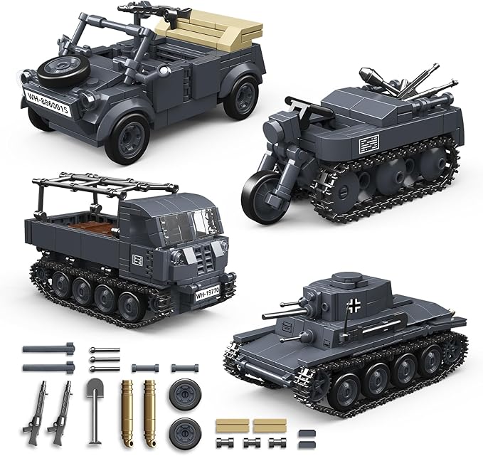 4 IN 1 WW2 Army Tanks Toy Building Block Set(1089 Pcs)Compatible with LegoCreate German 38T-A Light Tank&amp3 German Style Small Military Vehicles Models Great Military Toy Gift for Boy Age 6+ Year