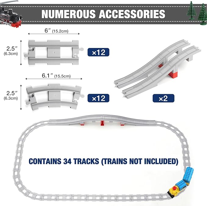 34 Pieces Train Bridge Tracks Classic Railway Track with 12 Curved Tracks 12 Straight and Bridge Tracks - Compatible with All Major Brands Toy Track Accessory for Kid Light Grey