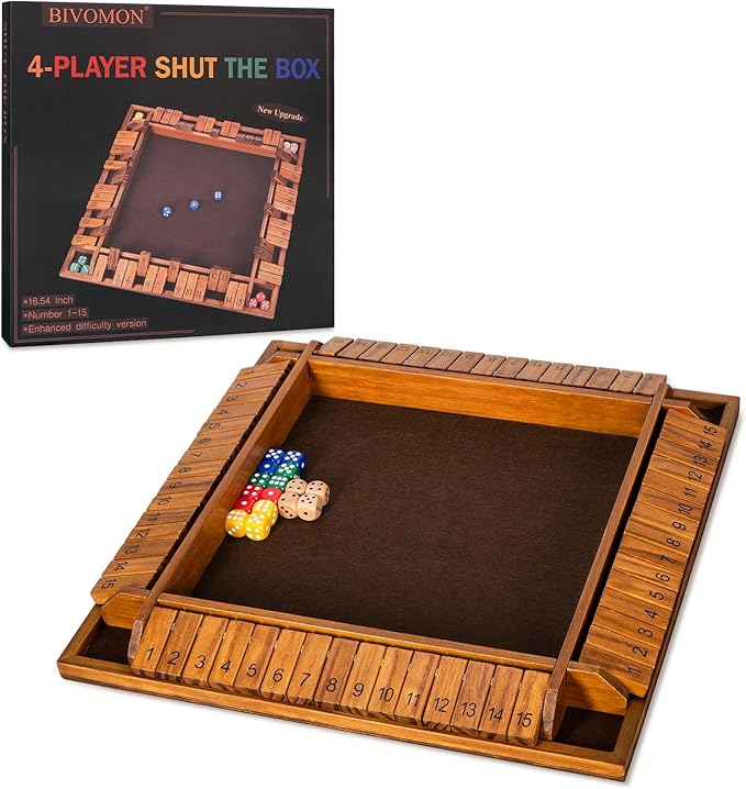 Upgraded 16.54’’ Shut The Box Dice Game with 15 Numbers for 1-4 Players Large Wooden Board Math Game 16 Dices Tabletop Games Kids Adults Family Party Birthday